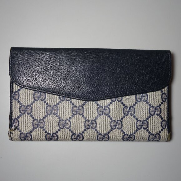 Vintage Gucci GG Blue Monogram Sherry Bi-Fold Long Wallet, Size 4.25 in x 7.5 in - Picture 2 of 16